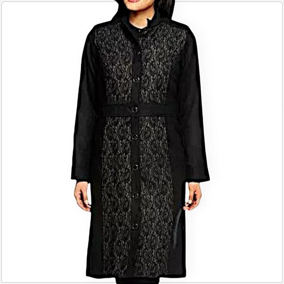 Isaac Mizrahi Melton Black Lace Panel Coat Jacket Long Sleeve Winter New NWOT 8 - Picture 1 of 5